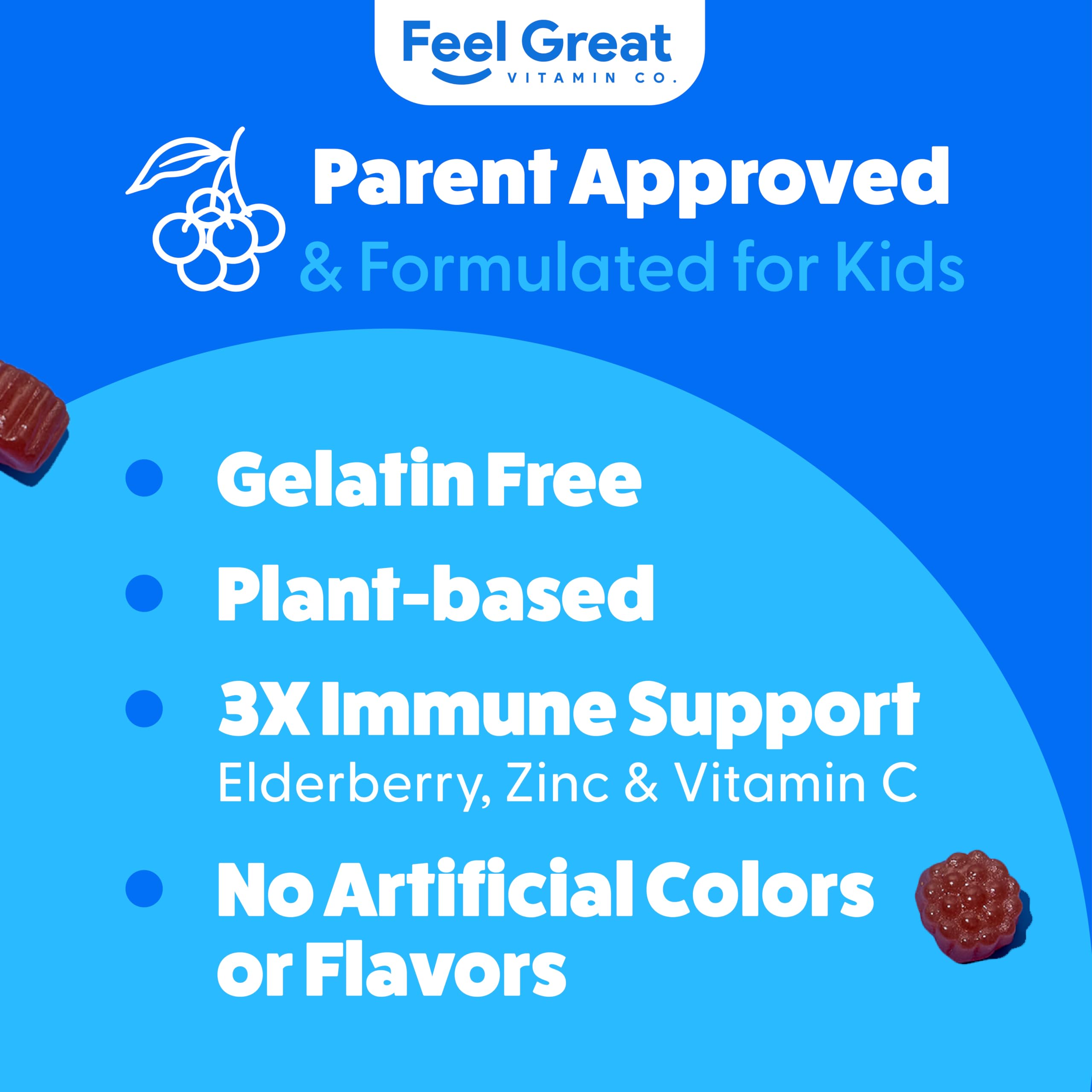 Feel Great Vitamin Co. Elderberry Gummies for Kids ingredients-visual highlights elderberry extract.