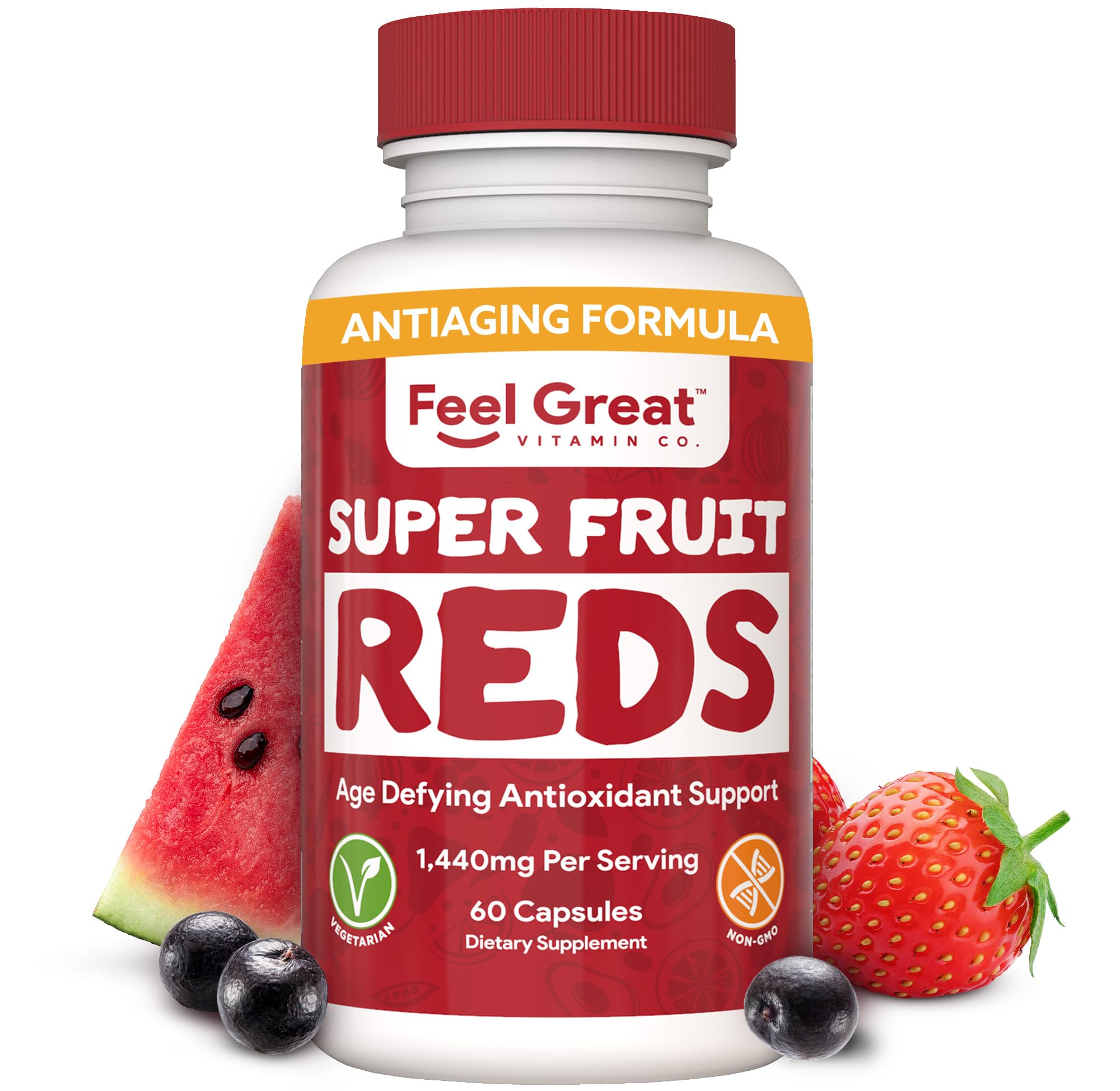 Feel Great Vitamins Superfruit Reds bottle with 60 capsules for daily antioxidant support.