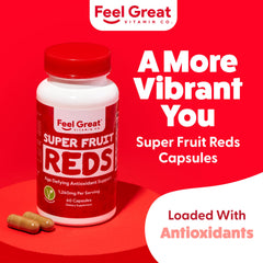 Close-up of Feel Great Vitamins Superfruit Reds capsules ready for daily use.