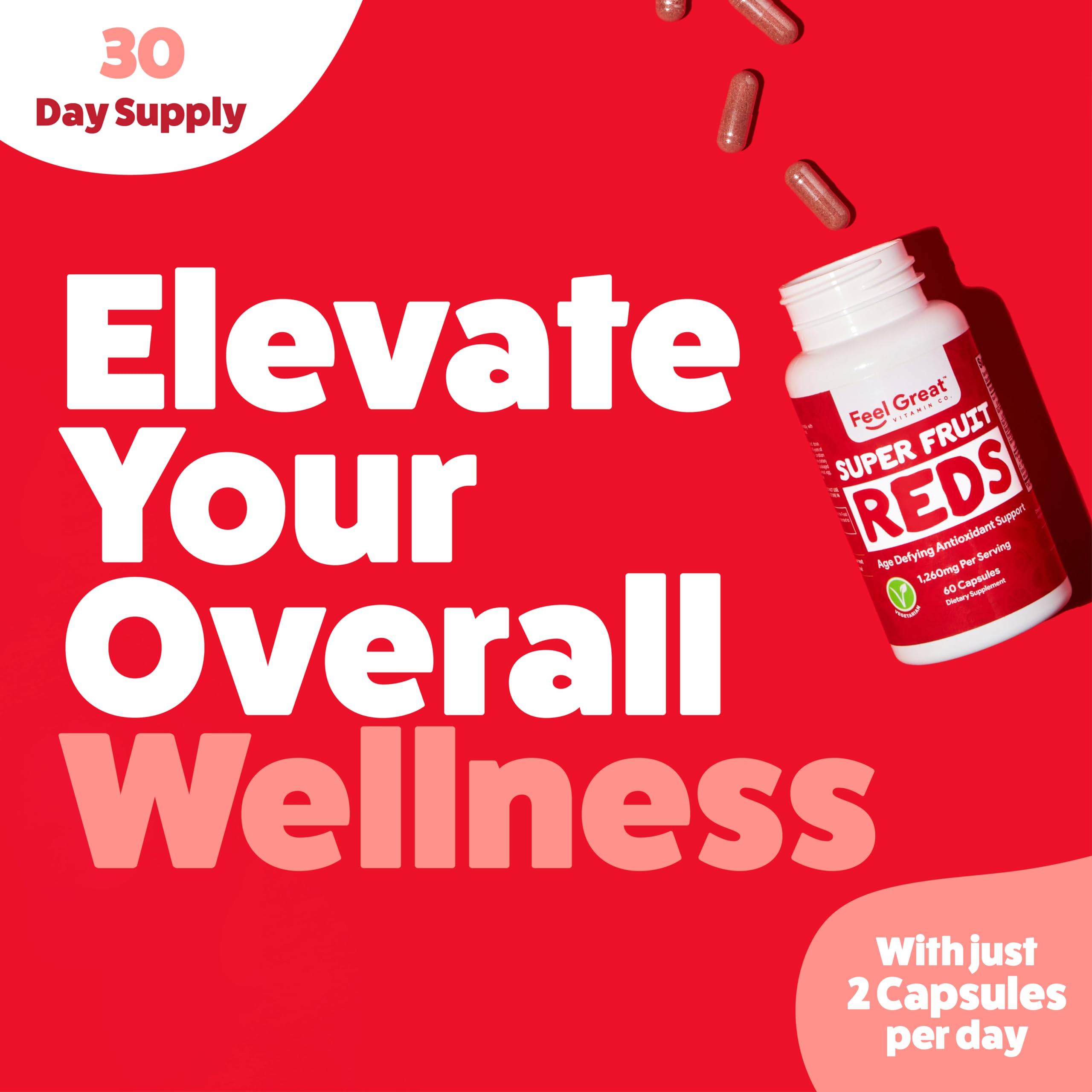 Feel Great Vitamins Superfruit Reds daily-use scene with capsules and water.