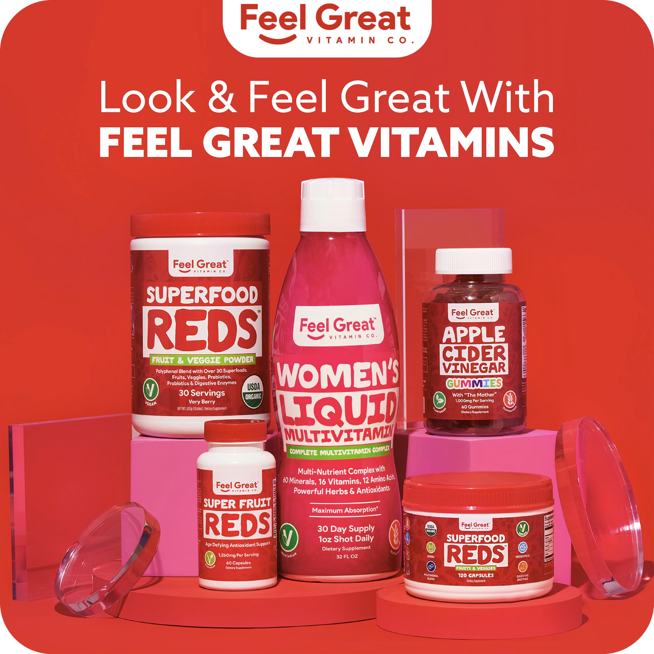 Feel Great Vitamins Superfruit Reds antioxidant blend next to fresh berries.