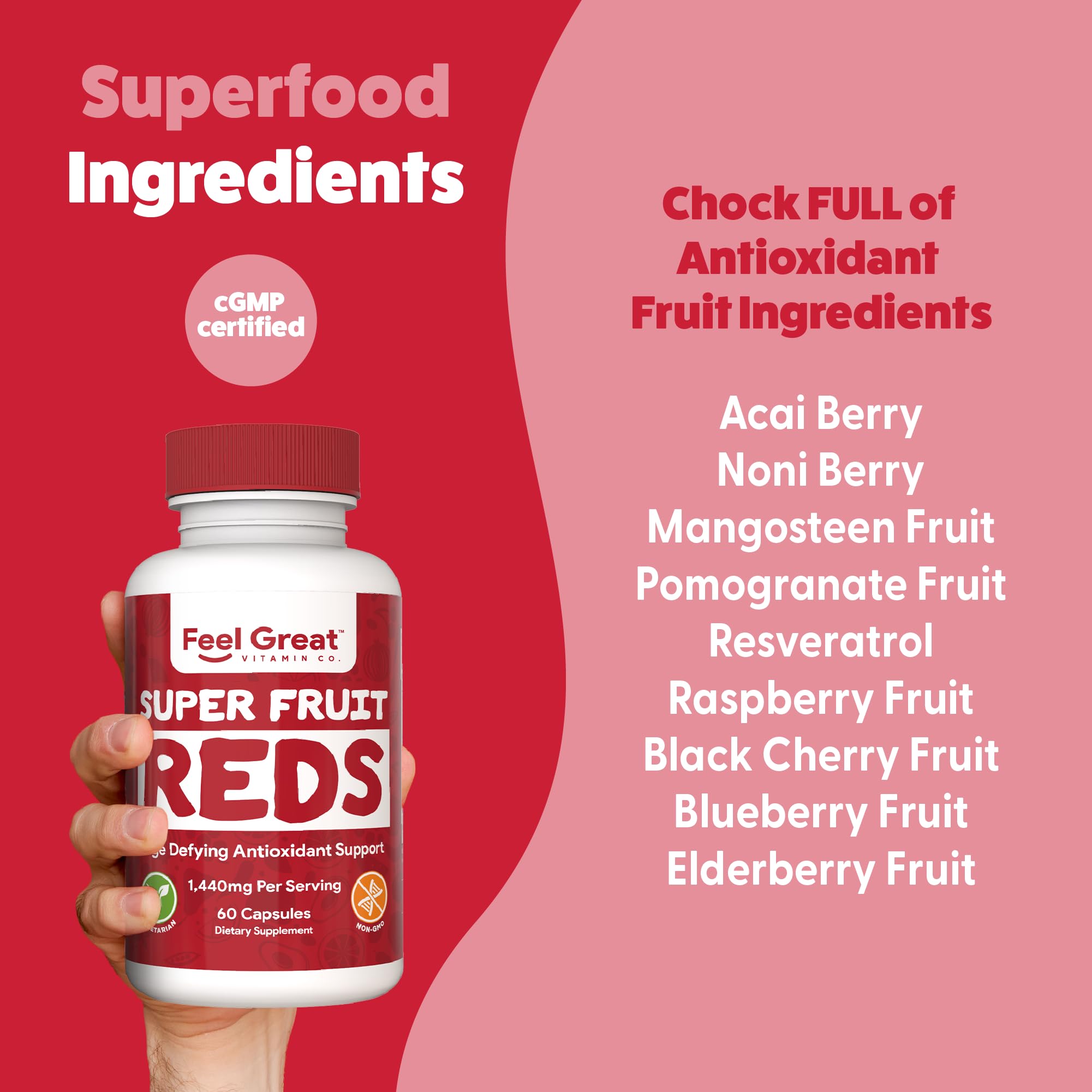 Feel Great Vitamins Superfruit Reds label highlighting the red fruit blend.