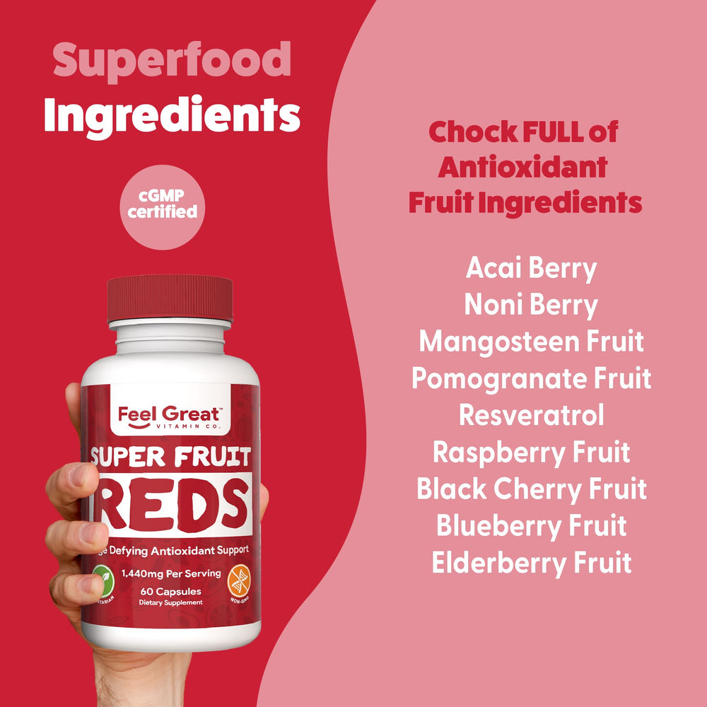 Feel Great Vitamins Superfruit Reds label highlighting the red fruit blend.