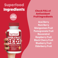 Feel Great Vitamins Superfruit Reds label highlighting the red fruit blend.