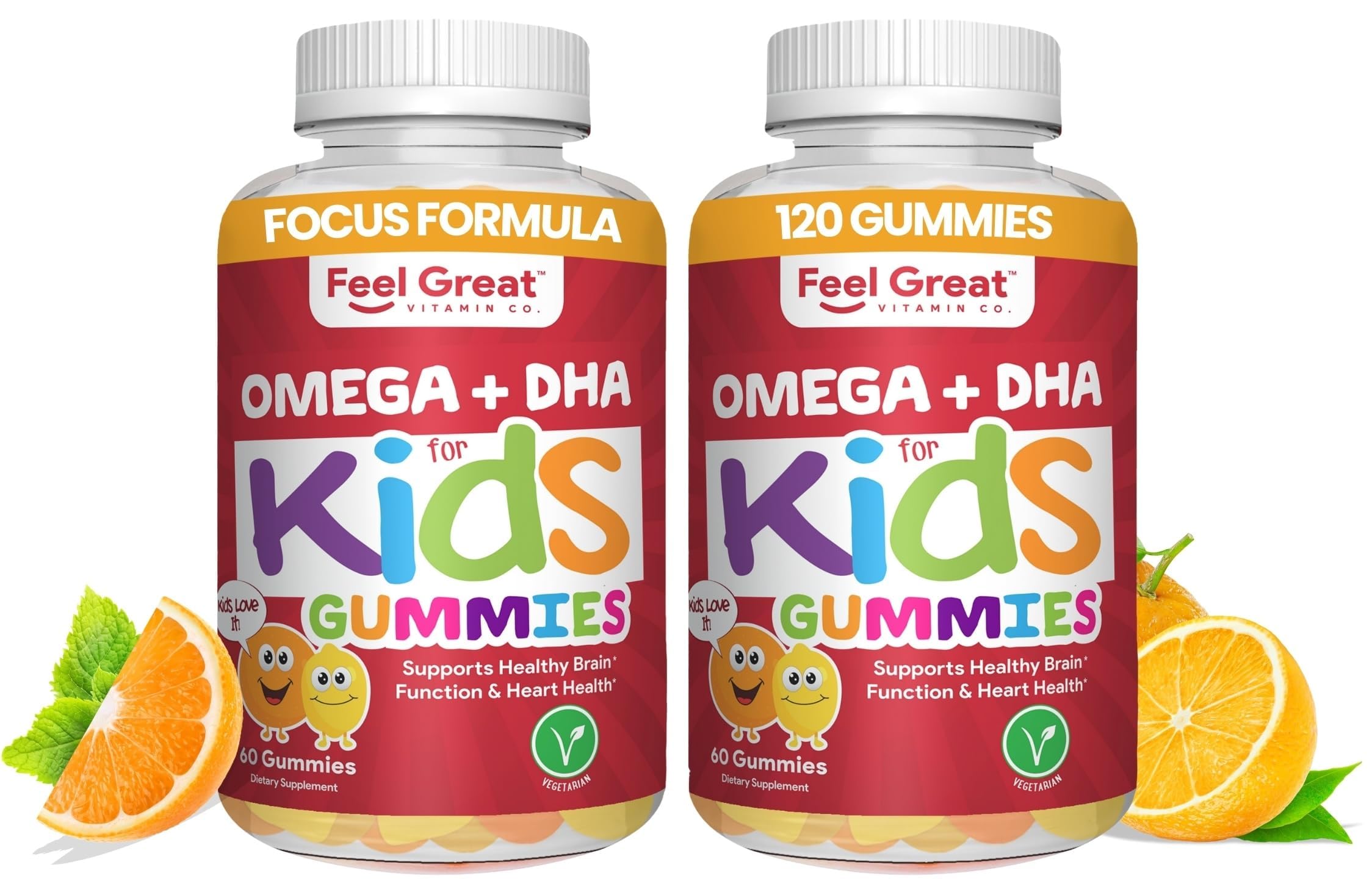The Feel Great Vitamin Company Kids DHA gummies bottle highlighting citrus flavor for daily support