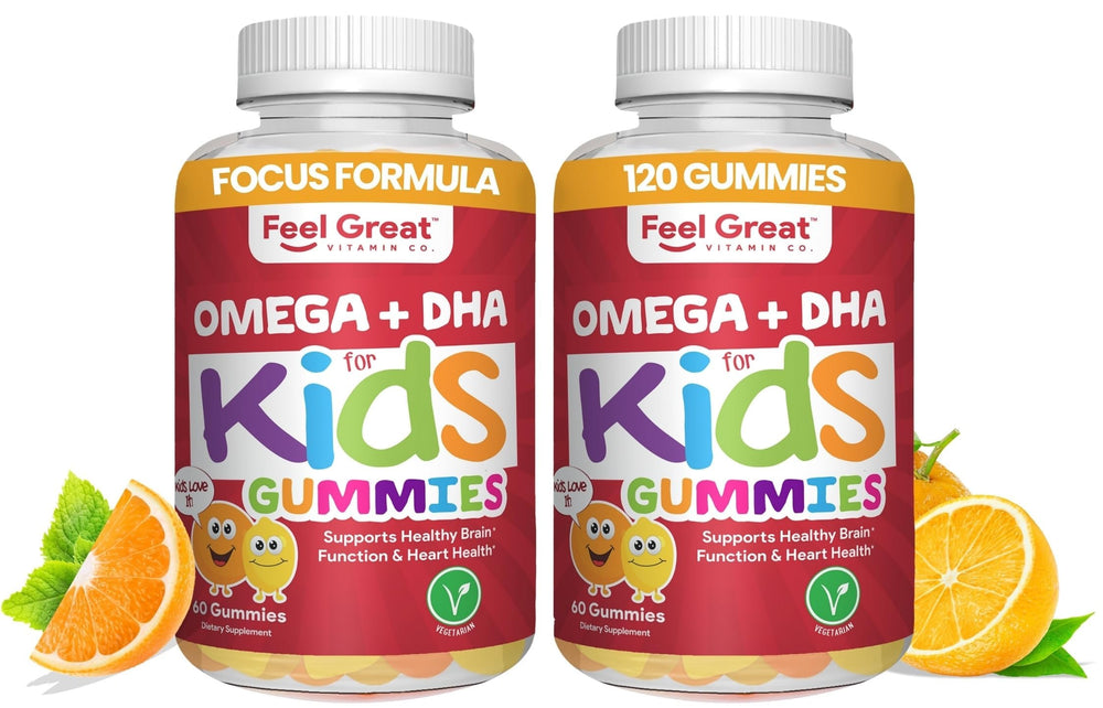 The Feel Great Vitamin Company Kids DHA gummies bottle highlighting citrus flavor for daily support