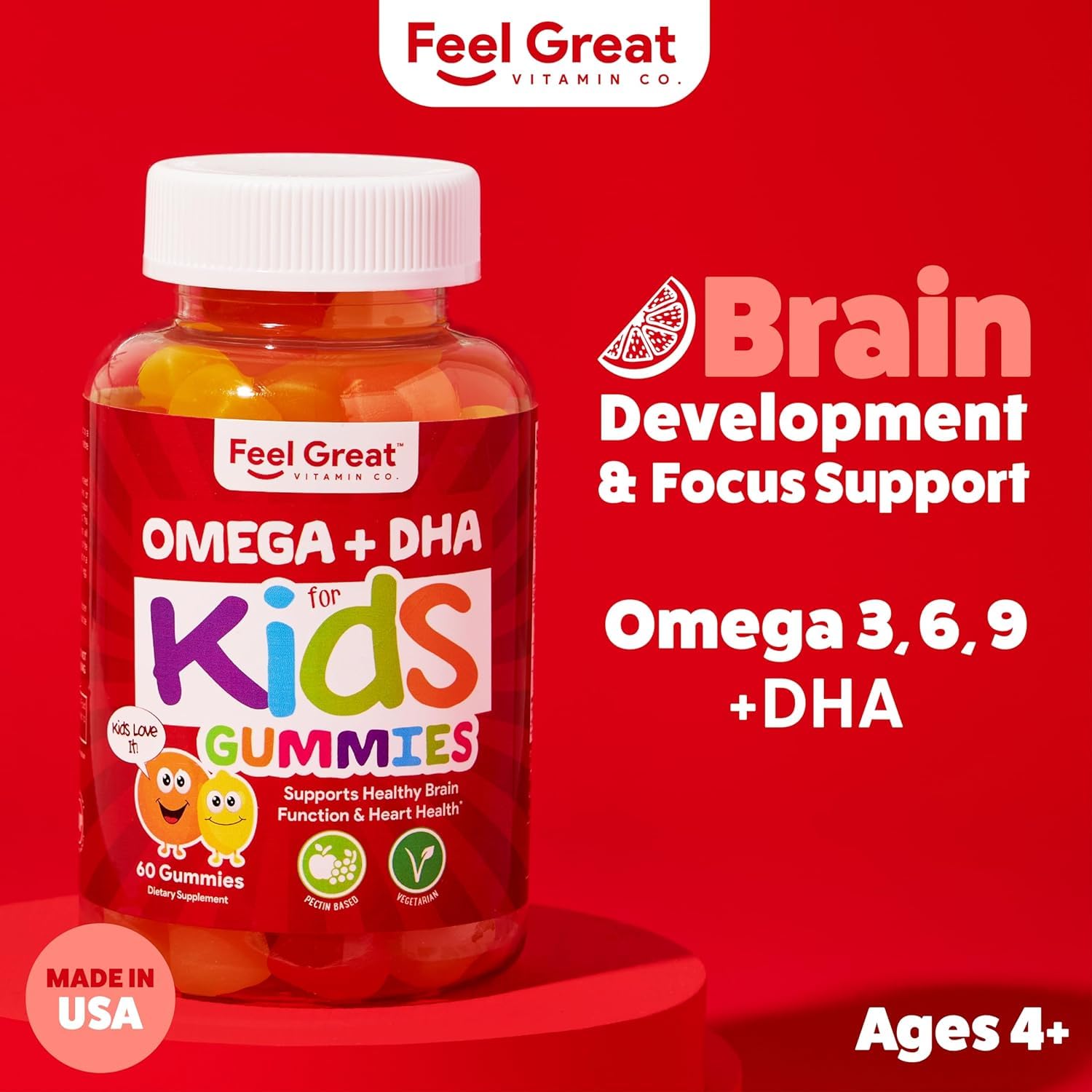 Feel Great vitamins bottle close-up showing omega blend for kids' focus and energy