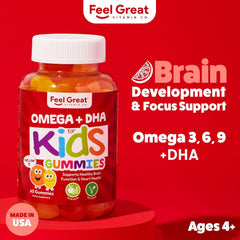 Feel Great vitamins bottle close-up showing omega blend for kids' focus and energy