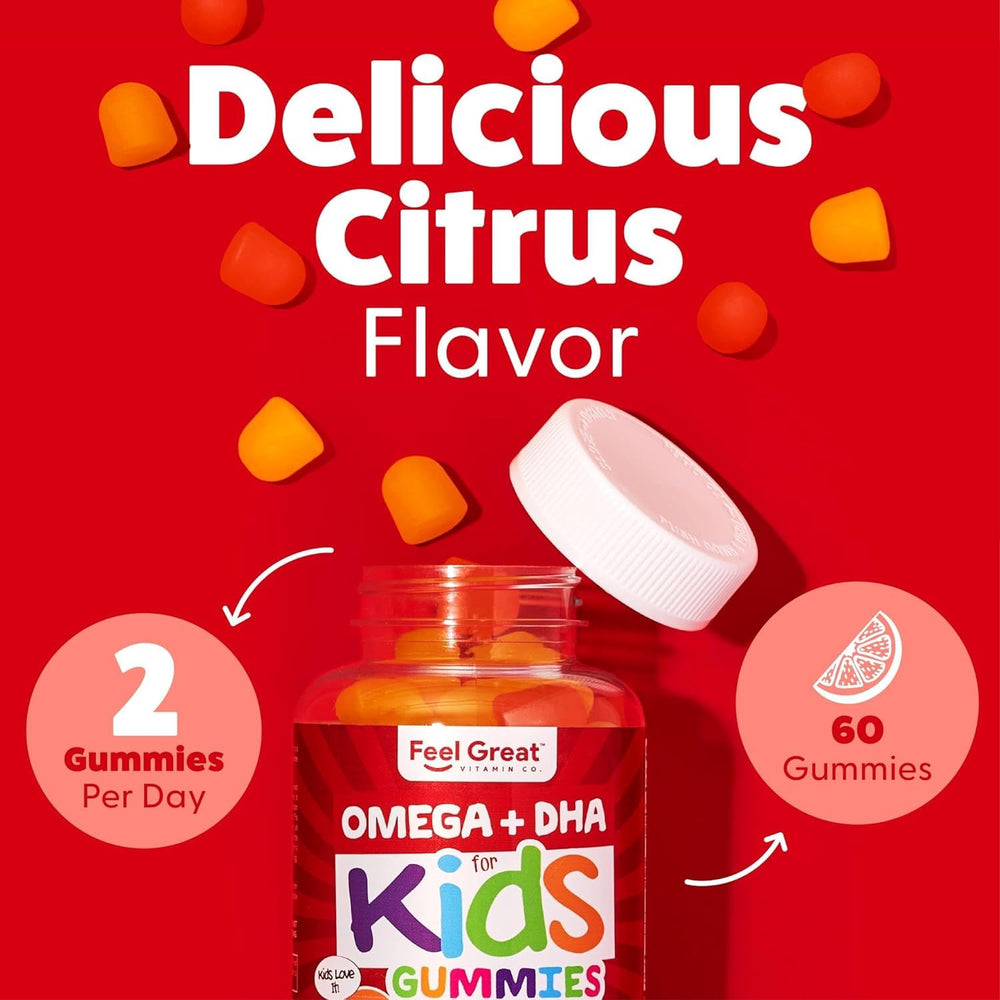 Ingredient glyphs image demonstrates plant-based omega sources and DHA for kids