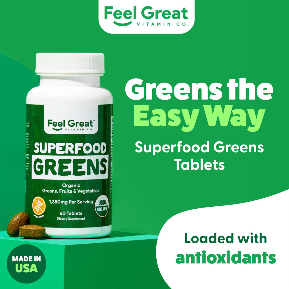 Feel Great Vitamins Super Greens tablets bottle back label with ingredients and servings.
