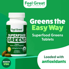 Feel Great Vitamins Super Greens tablets bottle back label with ingredients and servings.