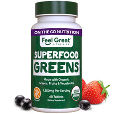 Feel Great Vitamins Super Greens tablets bottle front for easy daily nutrition.
