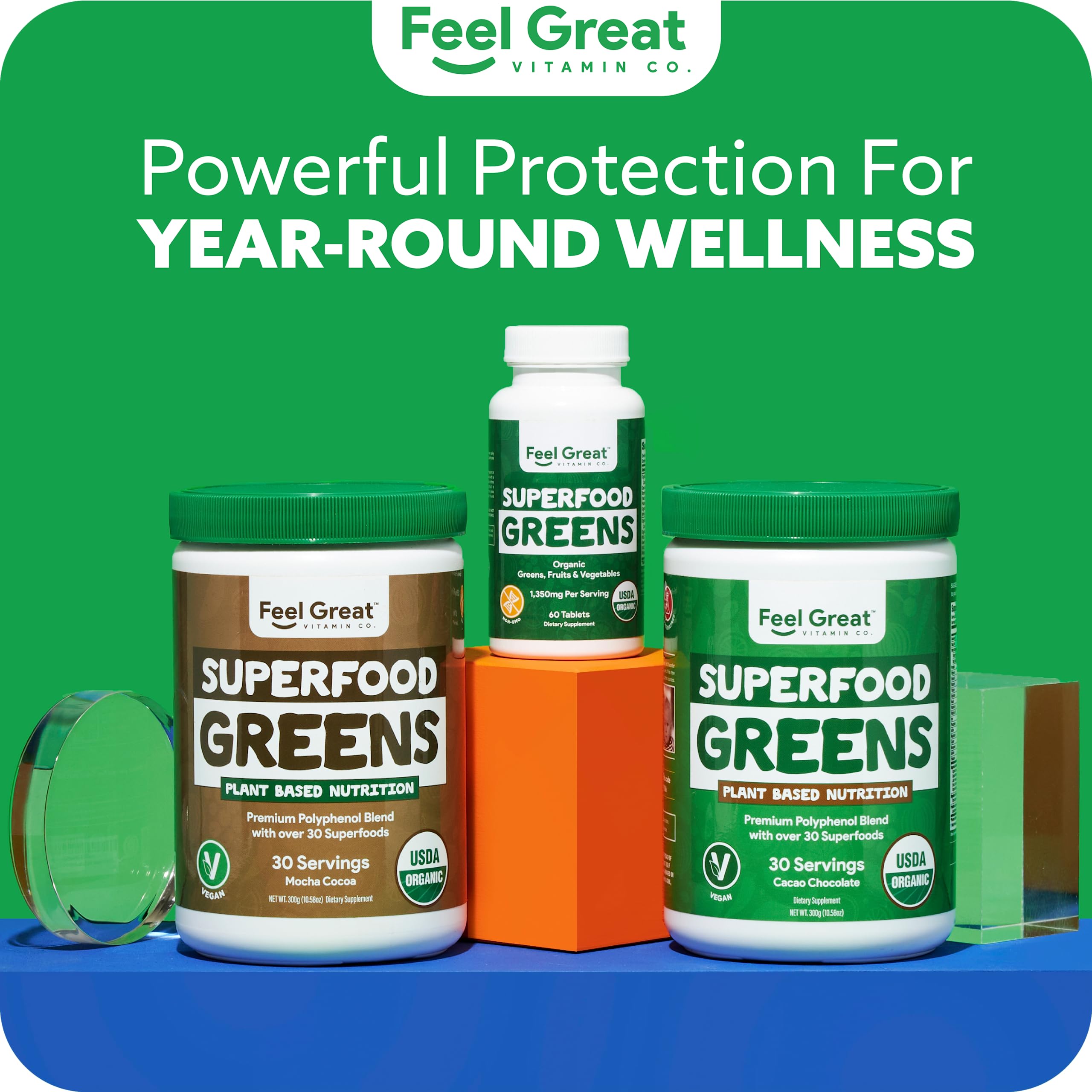Greens-inspired imagery accompanying Feel Great Vitamins Super Greens tablets.