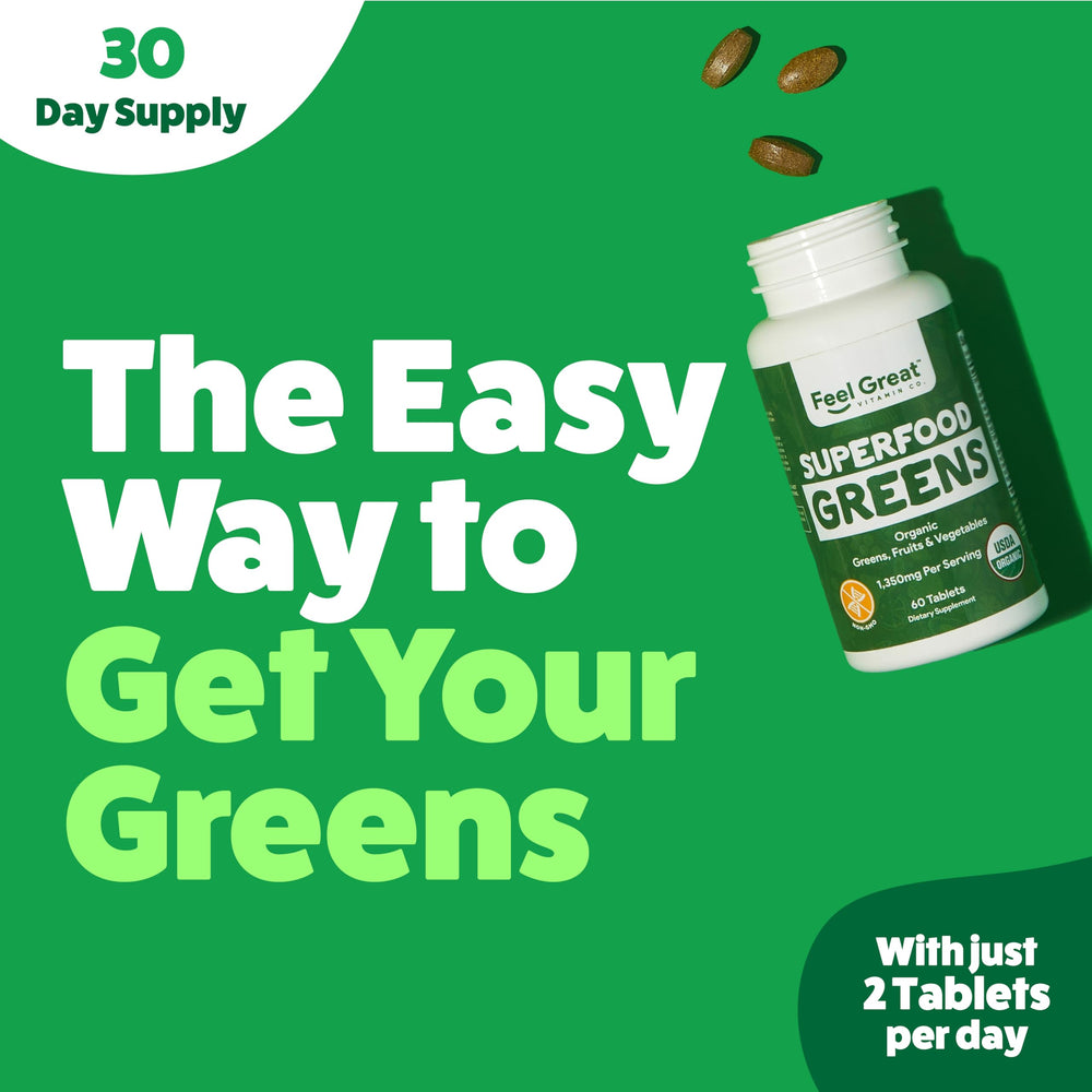 Inside the bottle, compact greens tablets ready for daily use.