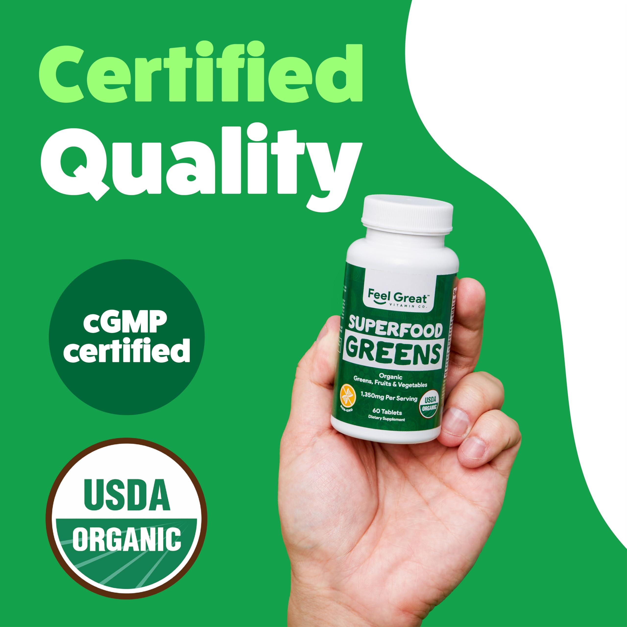 Measuring scoop and Feel Great Vitamins Super Greens bottle suggest a simple routine.