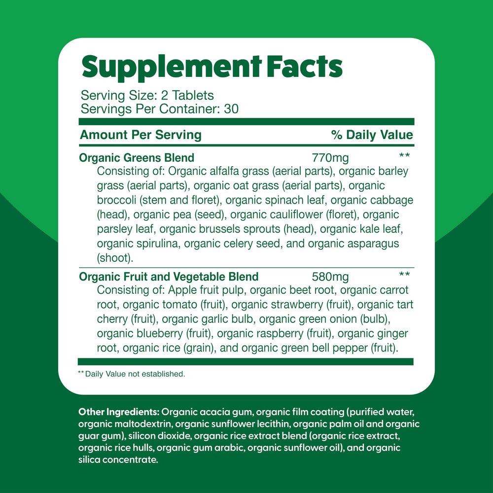 Packaging box of Feel Great Vitamins Super Greens tablets on a clean surface.
