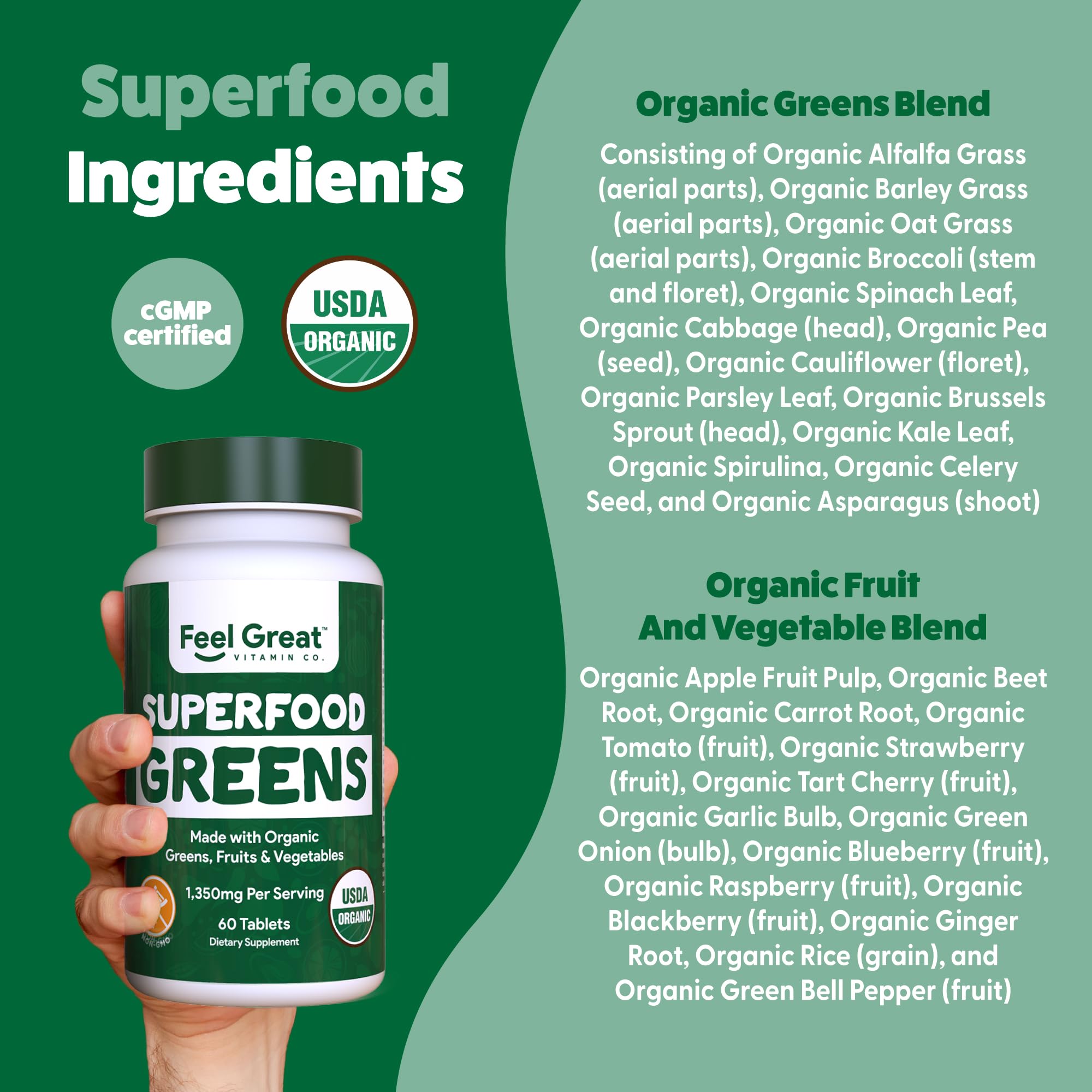 Close-up of Feel Great Vitamins Super Greens tablets showing compact greens blend.