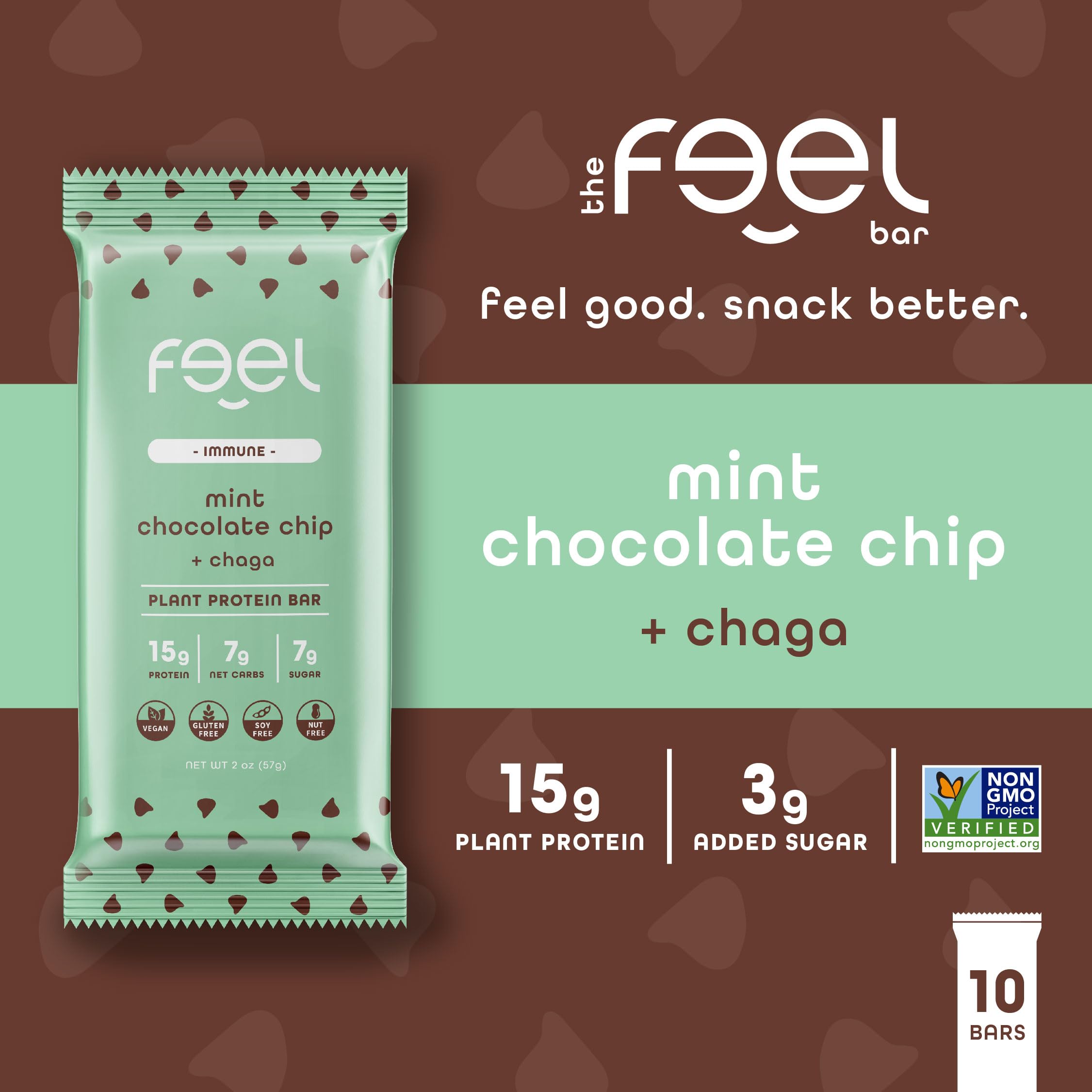 FEEL Mint Chocolate Chip bar packaging highlights gluten-free and dairy-free ingredients
