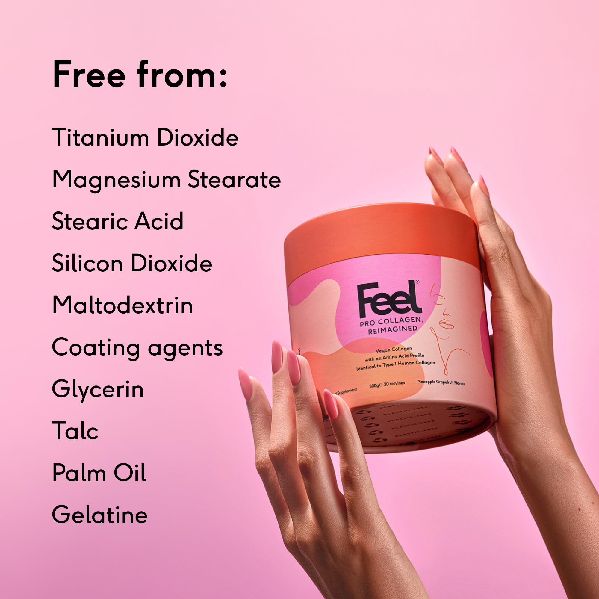 FEEL Pro Collagen bottle nutrition panel highlighting vegan ingredients and vitamin C
