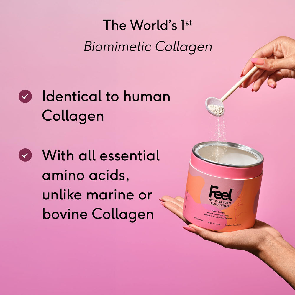 FEEL Pro Collagen powder swirling in water, suggesting fast absorption
