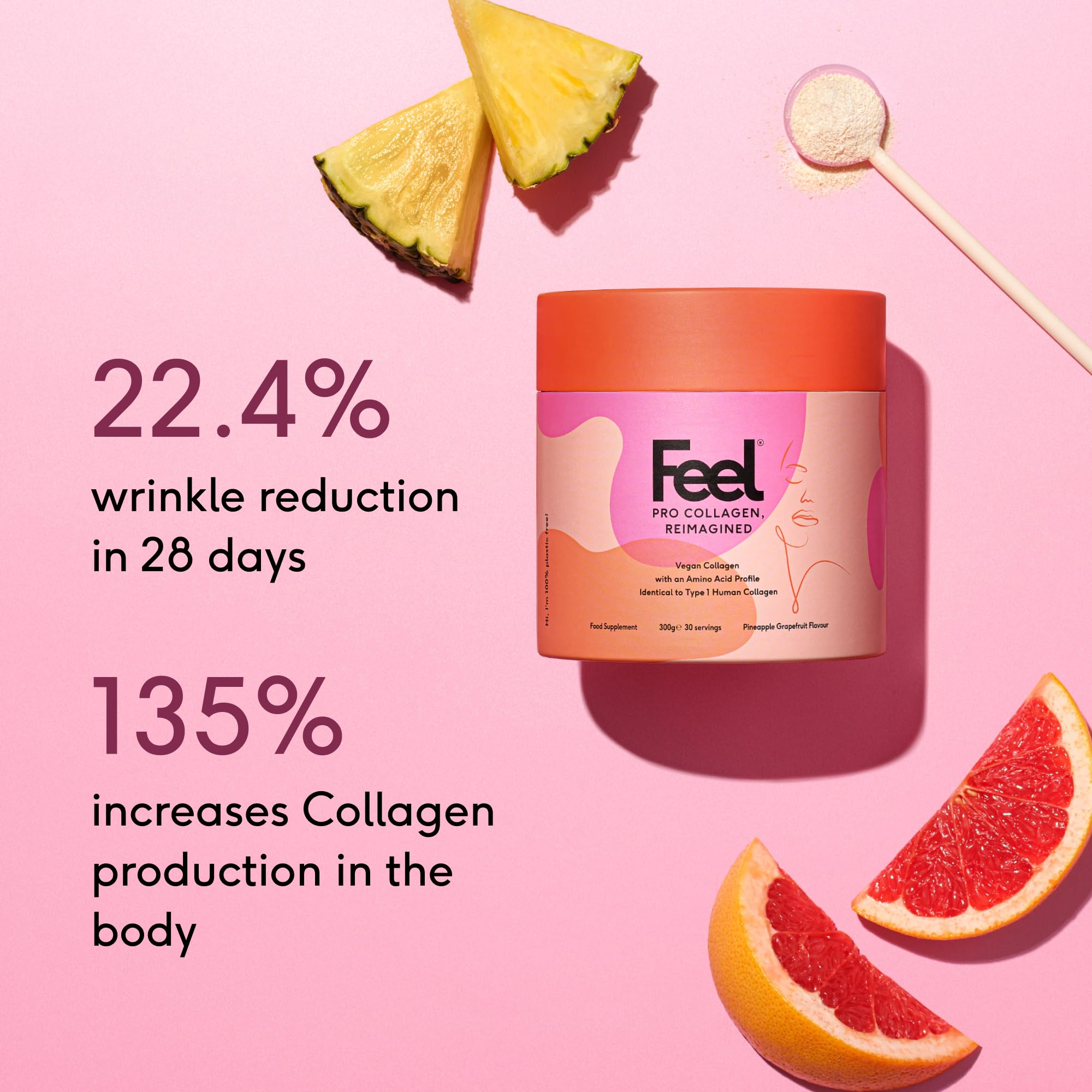 FEEL Pro Collagen serving scoop beside smoothie, demonstrating easy daily use