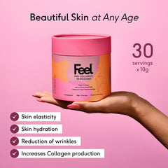 Pouring FEEL Pro Collagen powder into a glass for quick mixing