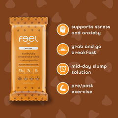 FEEL Sunbutta Choco Chip bar wrapped shows travel-ready snack.