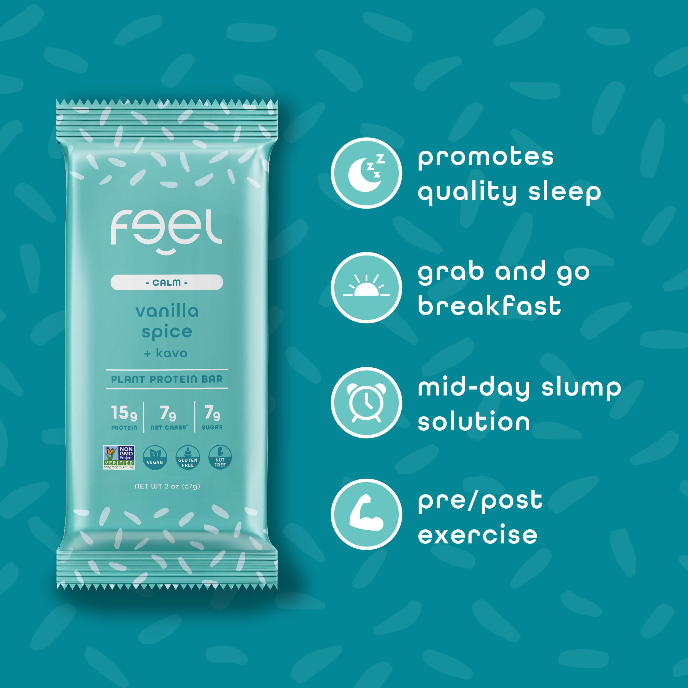 FEEL Calm Kava bar in bag illustrating portable wellness snack.