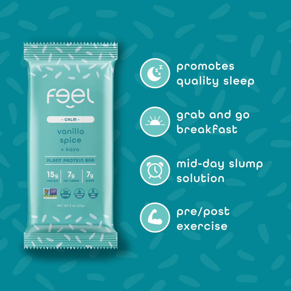 FEEL Calm Kava bar in bag illustrating portable wellness snack.