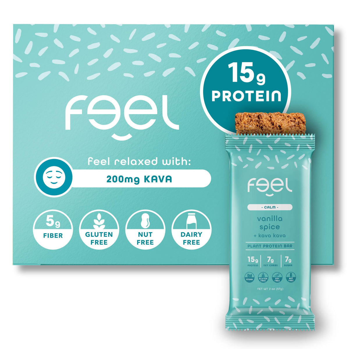 FEEL Calm Kava vegan protein bars packaging highlights organic ingredients for mindful snacking.