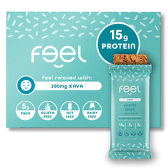 FEEL Calm Kava vegan protein bars packaging highlights organic ingredients for mindful snacking.