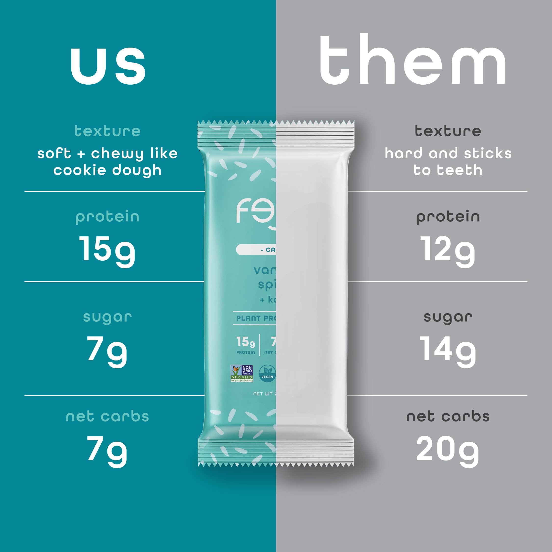 Chewy FEEL Calm Kava bar texture and vanilla spice flavor close-up.