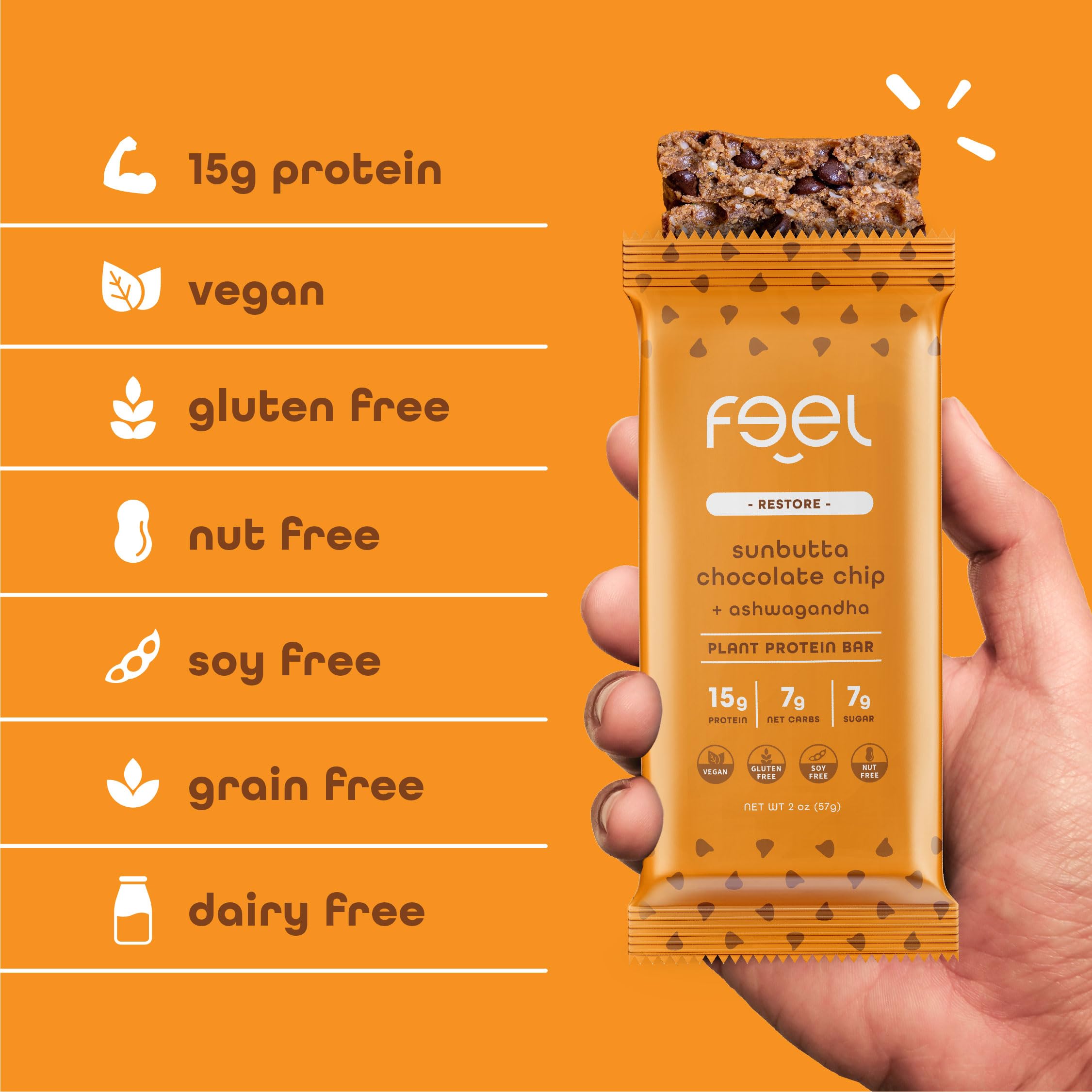 FEEL vegan protein bars packaging with nutrition info, showcasing 15g protein per bar.