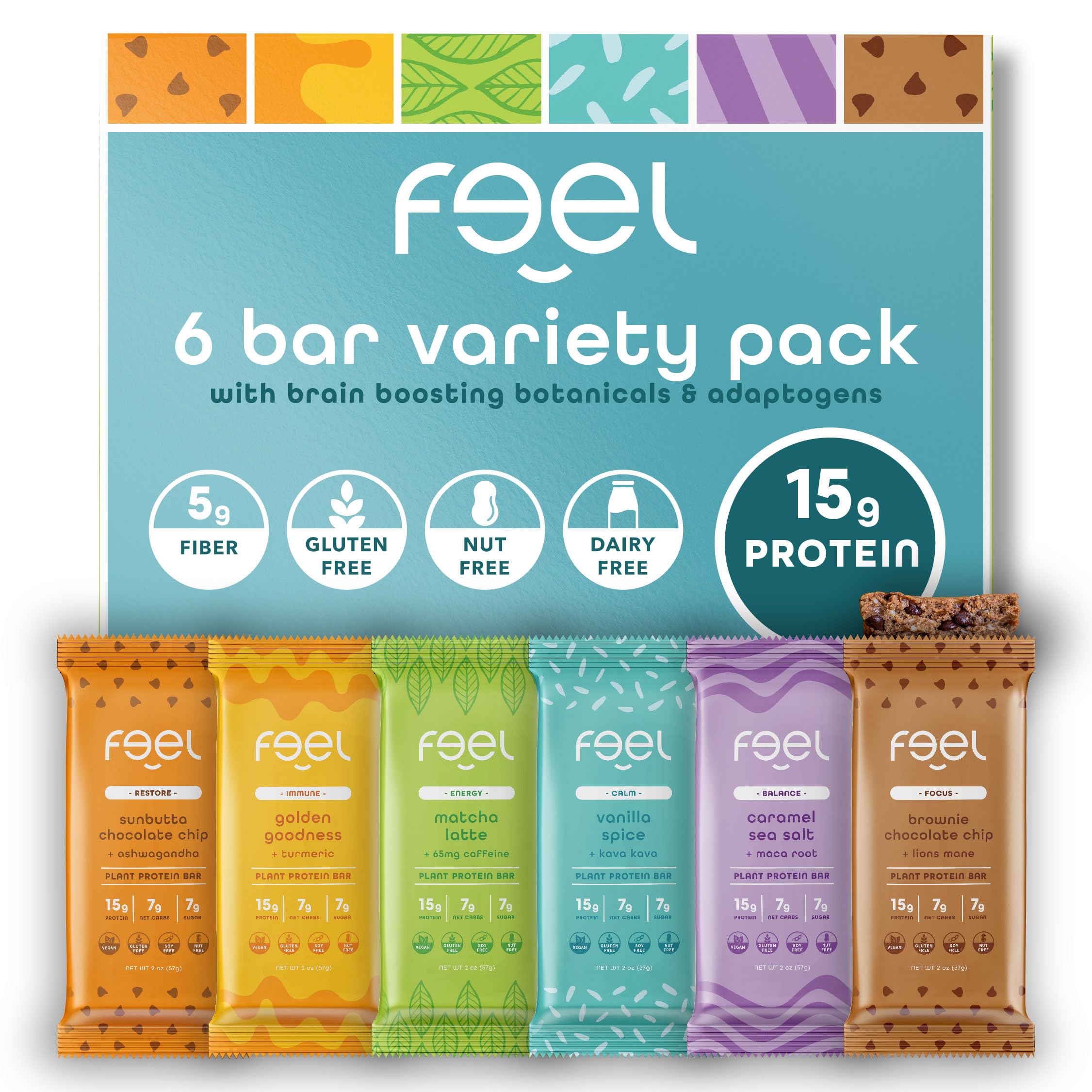 FEEL vegan protein bars variety pack front view, ideal for on-the-go energy.