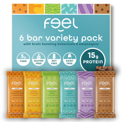 FEEL vegan protein bars variety pack front view, ideal for on-the-go energy.