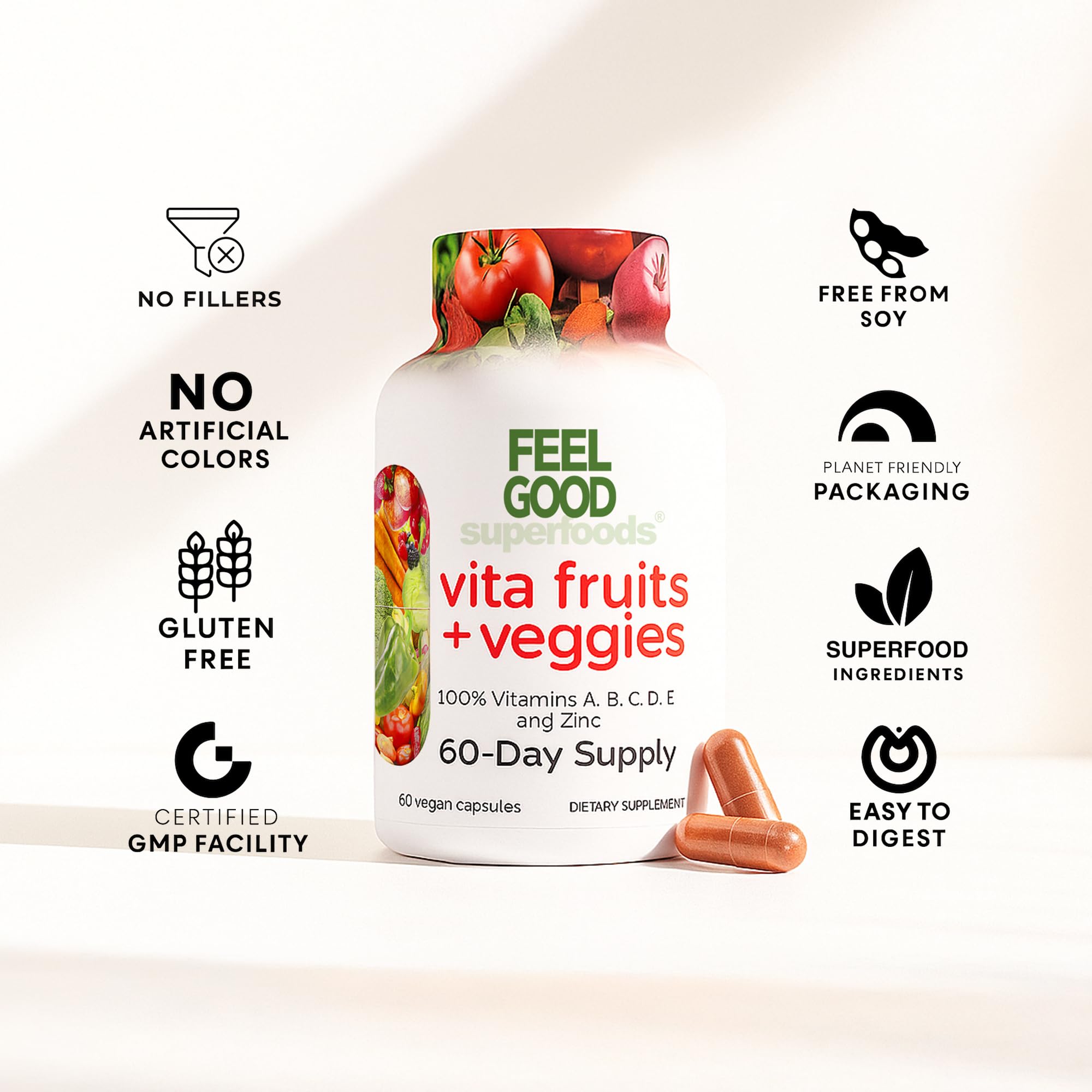 FeelGood Immune Capsules bottle side view on kitchen shelf