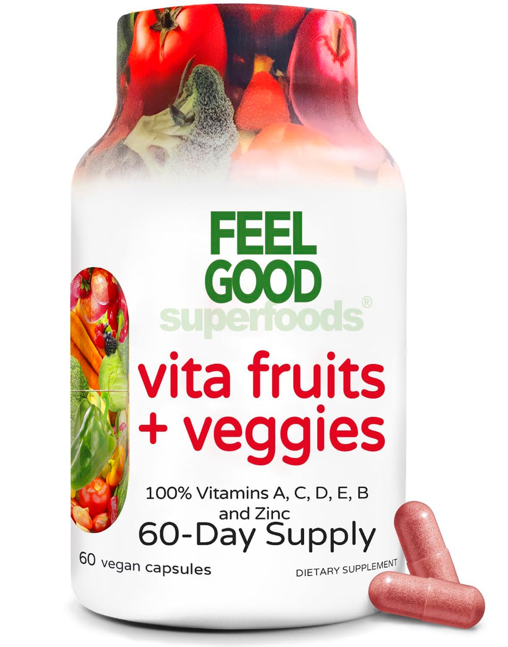 FeelGood Vita Fruits and Veggies bottle closeup for daily energy support