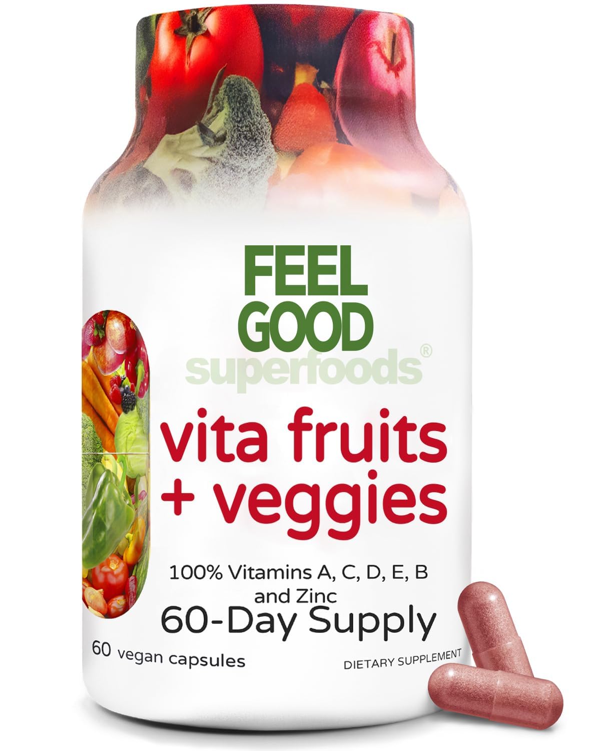 FeelGood Vita Fruits and Veggies bottle closeup for daily energy support