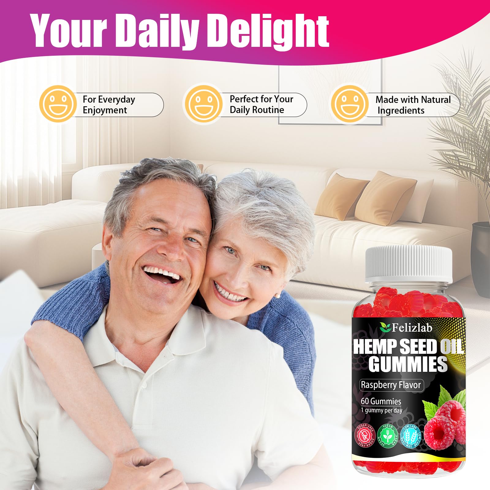 Felizlab hemp gummies omega and vitamin B visuals highlight wellness support.
