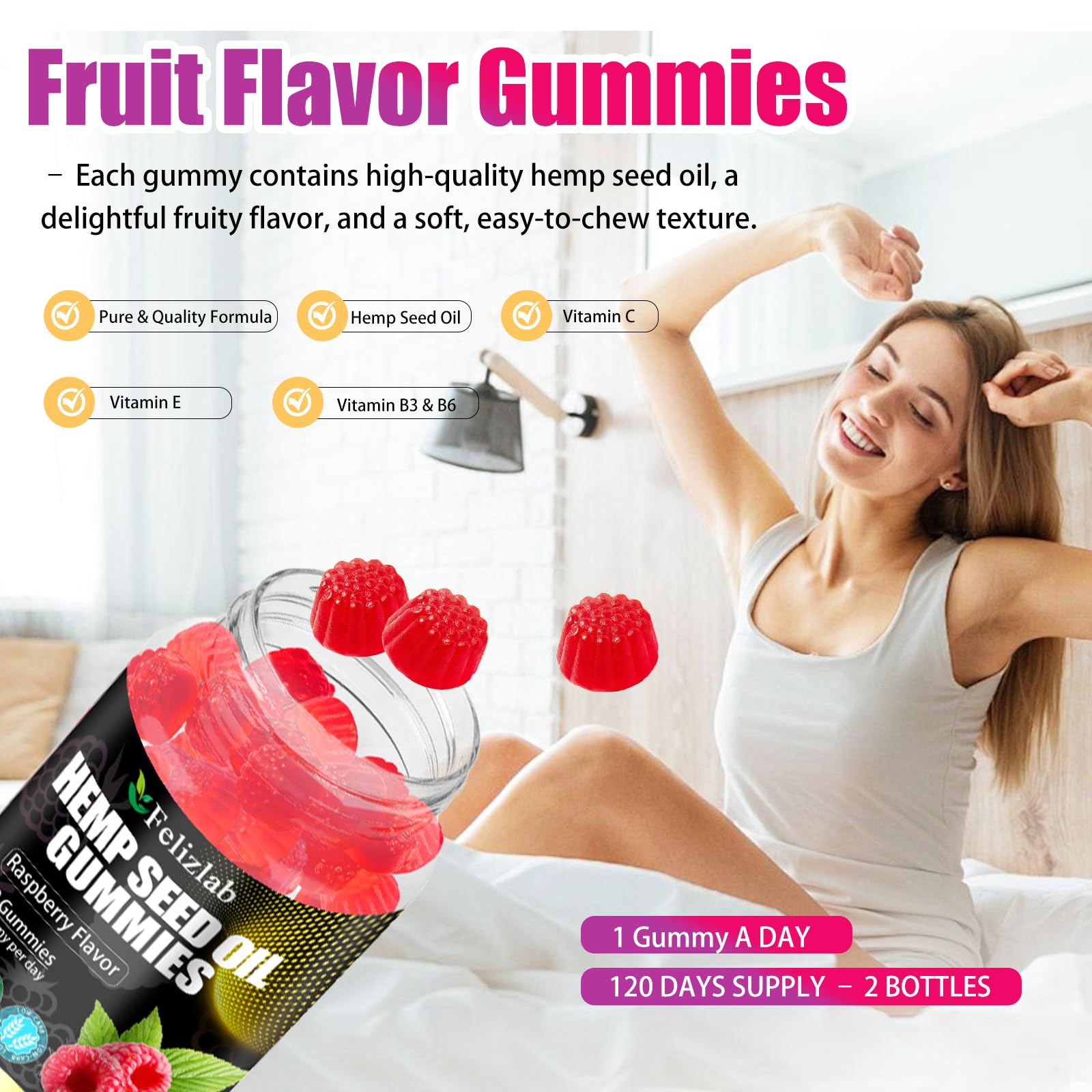 Felizlab hemp gummies raspberry bottle open for quick bites.