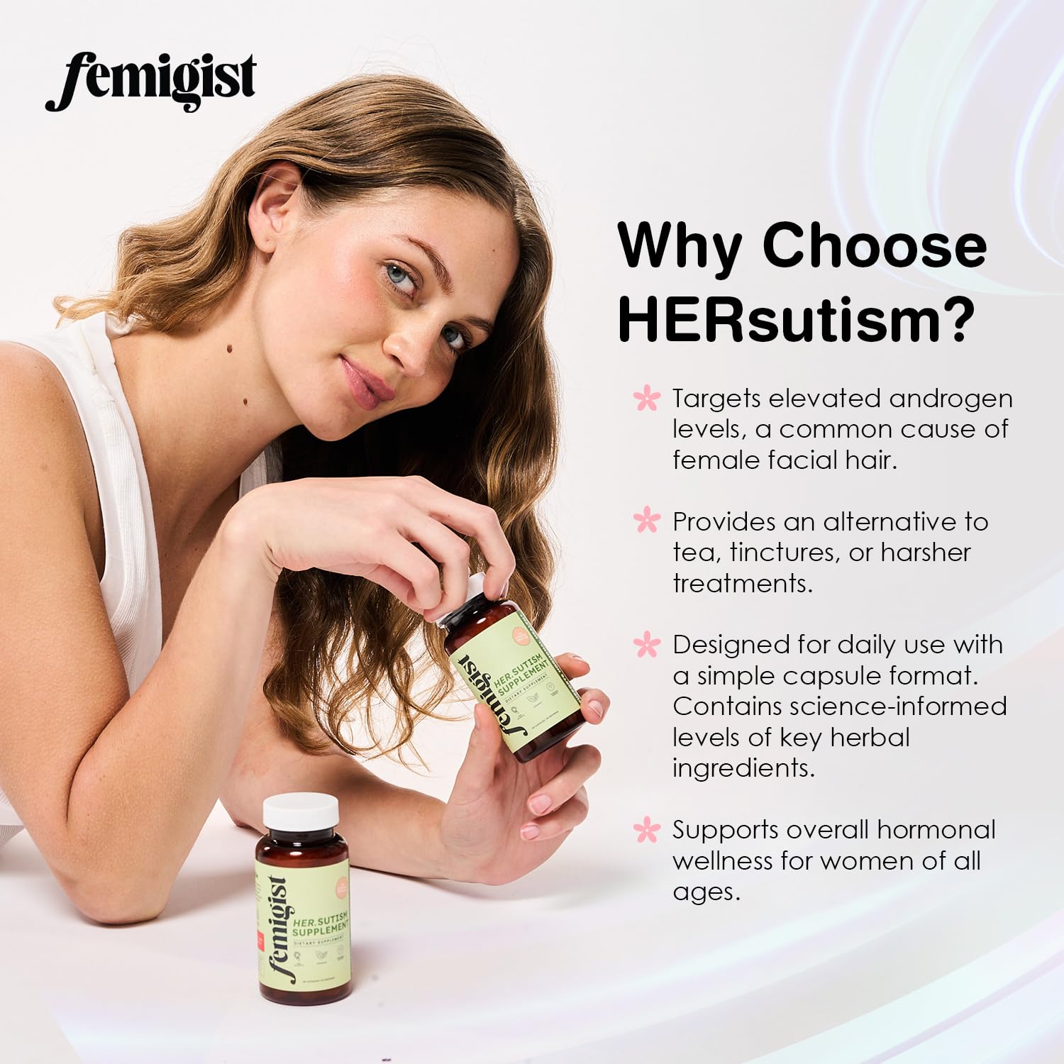 Person holding Femigist HERsutism bottle for a daily routine.