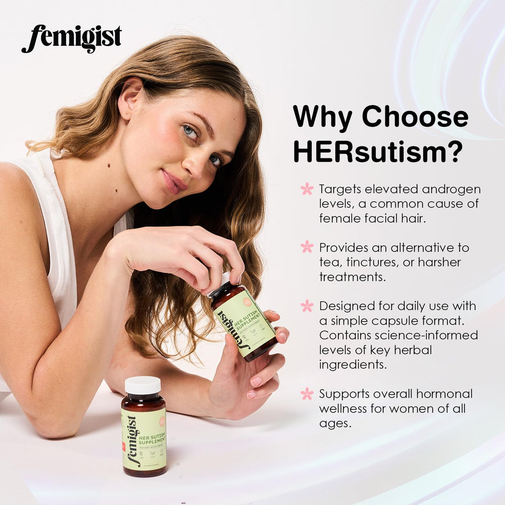 Person holding Femigist HERsutism bottle for a daily routine.
