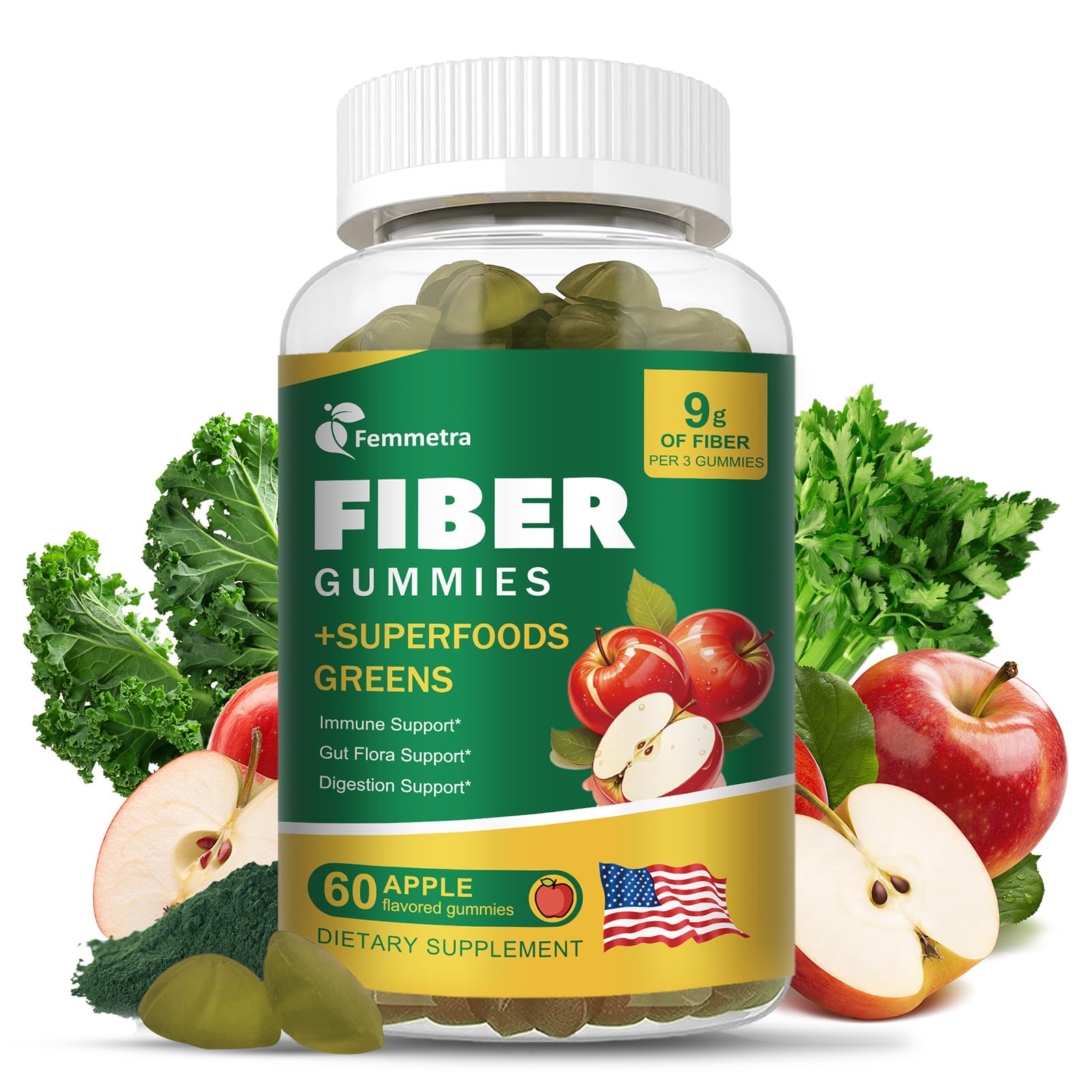 Femmetra 13-in-1 fiber gummies bottle front for daily digestive support.