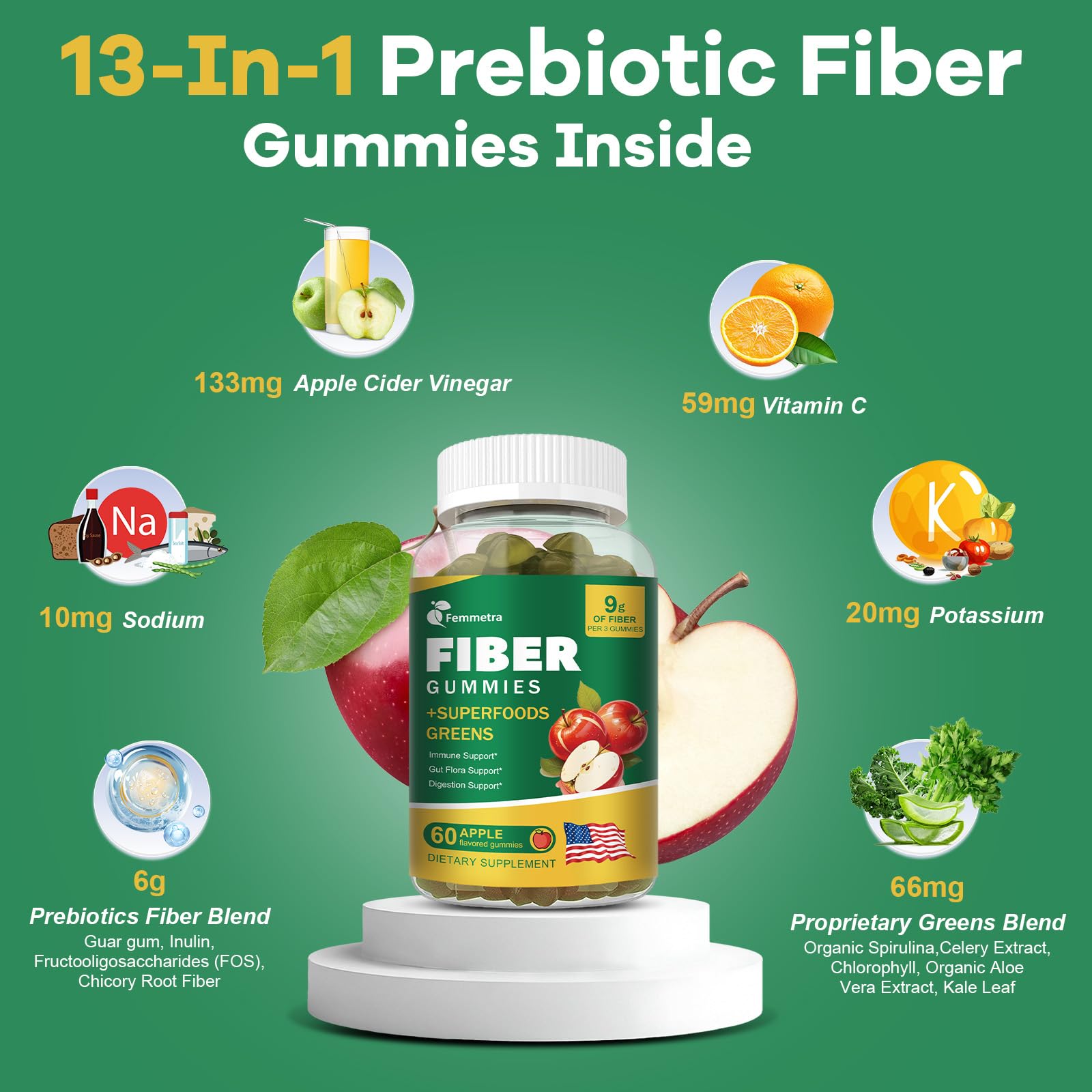 Femmetra gummies close-up with apple flavor and gentle-release fibers for gentle digestion.