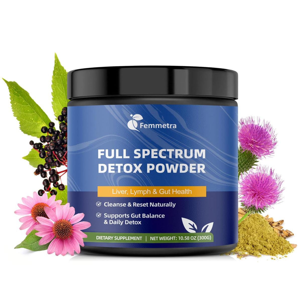Femmetra detox powder tub with earthy formula for daily use