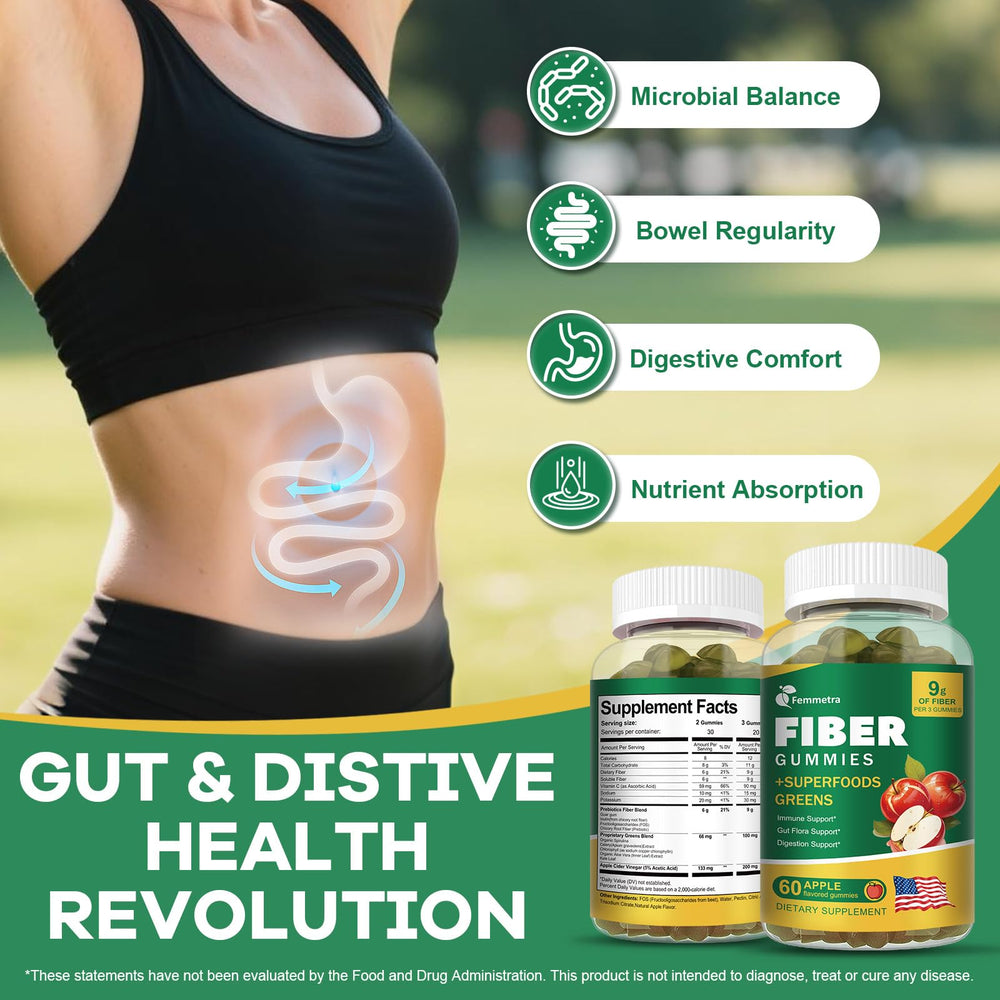 Femmetra apple-flavor gummies close-up for convenient daily fiber routine.