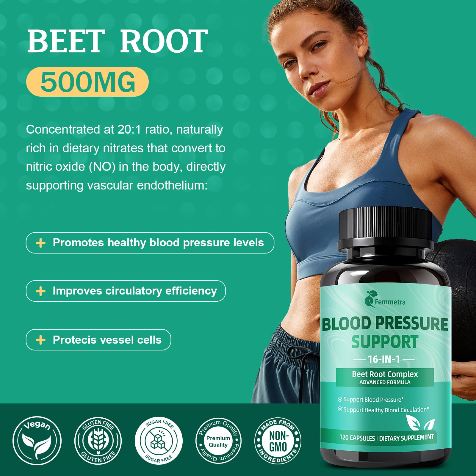 Femmetra beetroot powder 500mg capsules close-up for easy intake.