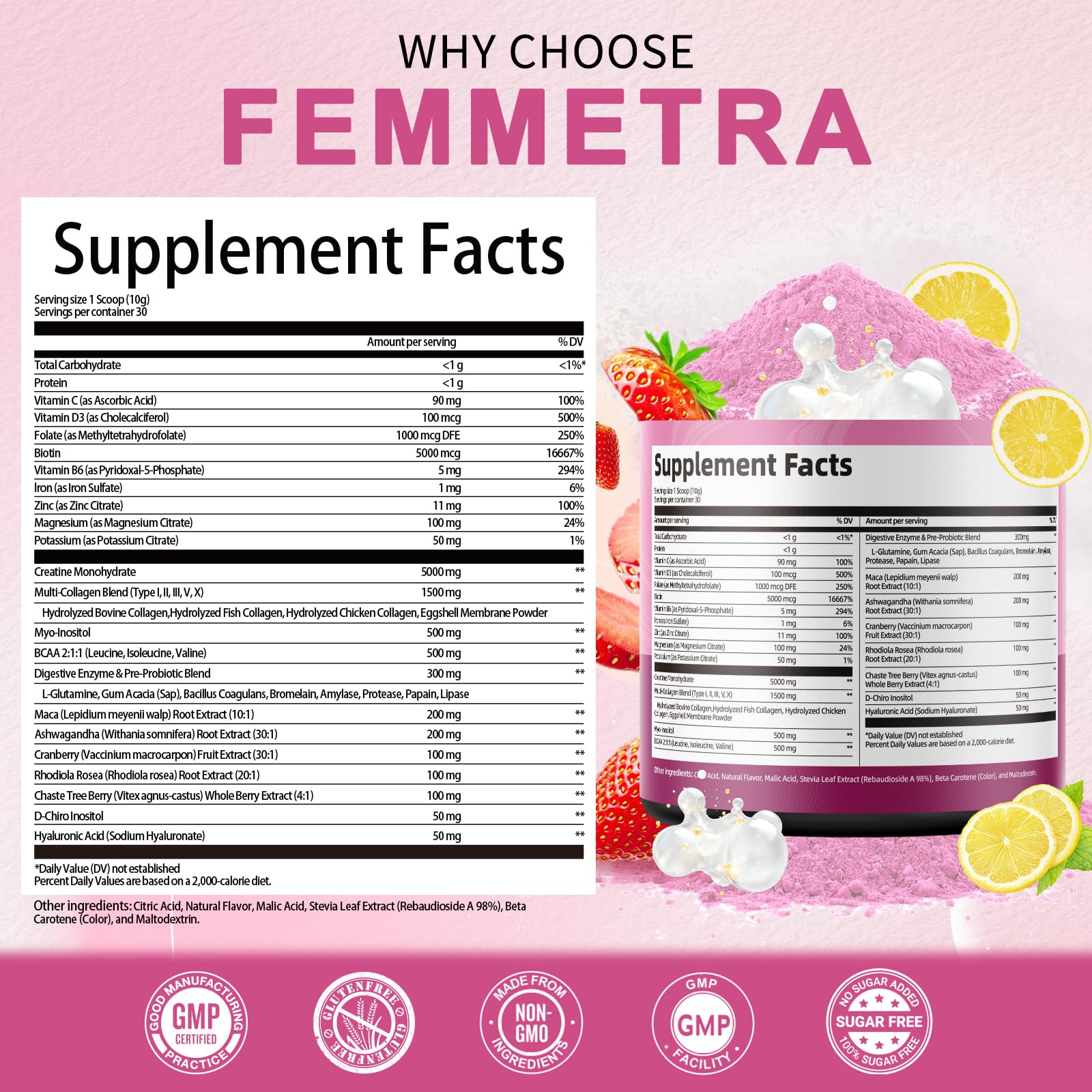 Close look at Femmetra bottle with glossy finish for premium supplement