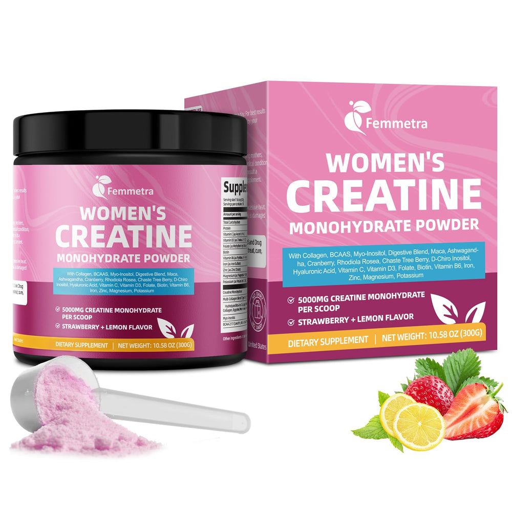 Femmetra Creatine Collagen for Women tub front, vibrant strawberry-lemon flavor for workouts
