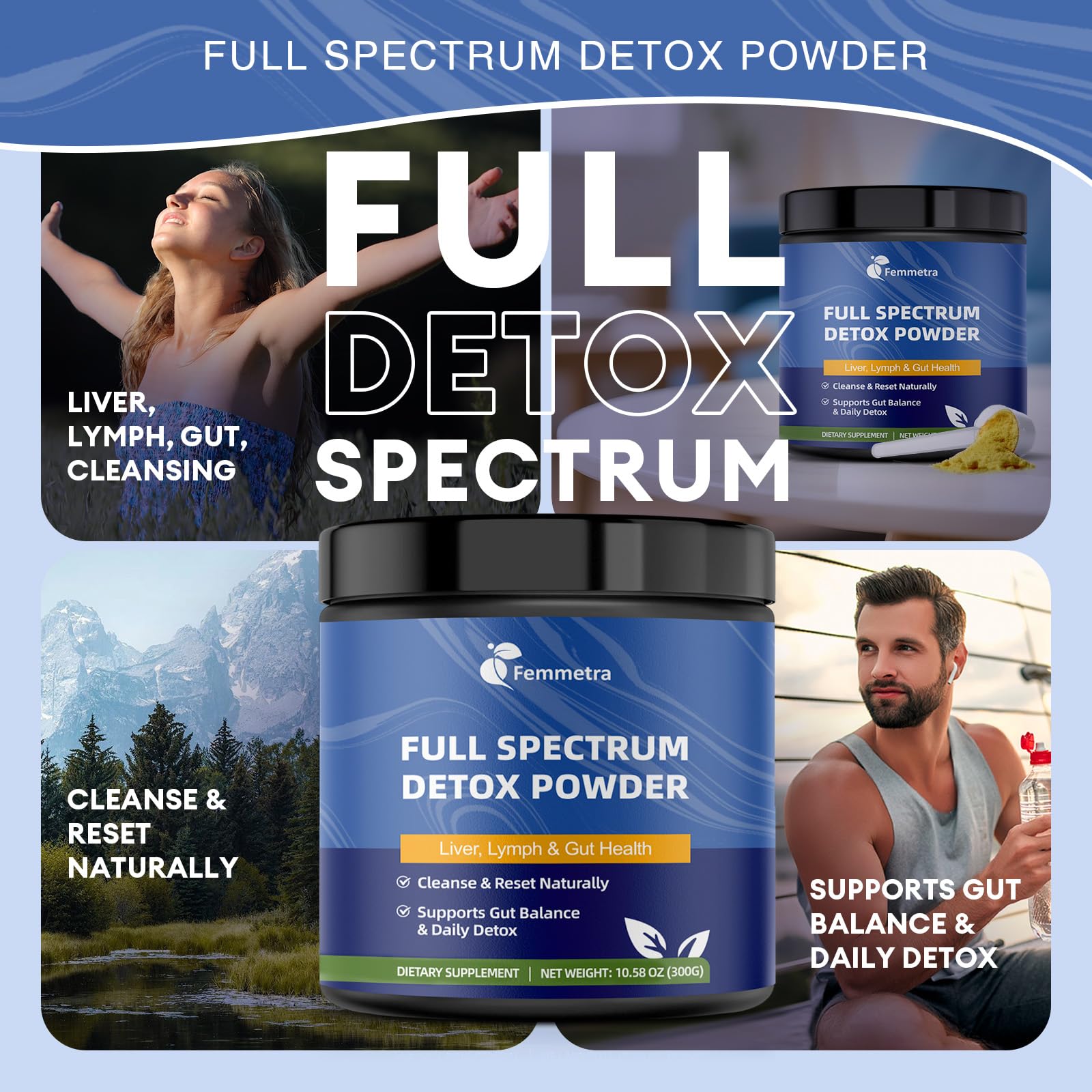 Pouring Femmetra detox powder into a glass for quick preparation